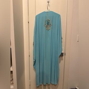 Elegant Light Blue Abaya with Hamsa Hand & Eye Embroidery - One Size